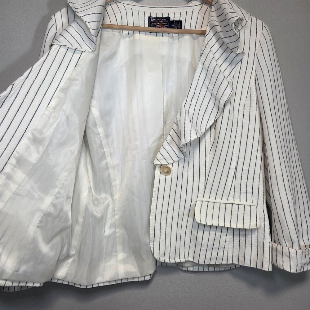American Living White Linen Ruffle Blazer Navy Pinstripe Nautical Jacket Size L - Picture 11 of 12